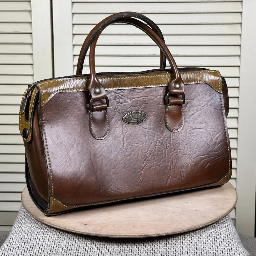 Vintage Lorenzo Leather Handbag Brown On Brown Academia Purse Double Handle Bag